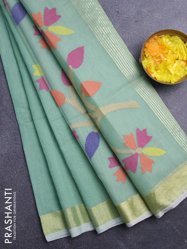 Jamdhani silk cotton saree pastel green with thread woven floral buttas and zari woven border