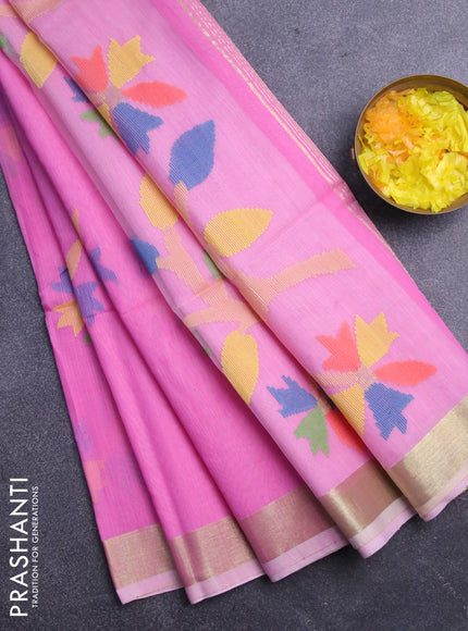 Jamdhani silk cotton saree light pink with thread woven floral buttas and zari woven border