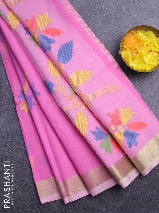 Jamdhani silk cotton saree light pink with thread woven floral buttas and zari woven border