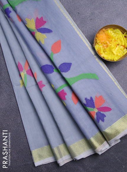 Jamdhani silk cotton saree grey with thread woven floral buttas and zari woven border