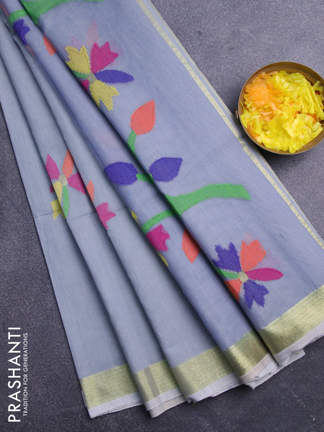 Jamdhani silk cotton saree grey with thread woven floral buttas and zari woven border