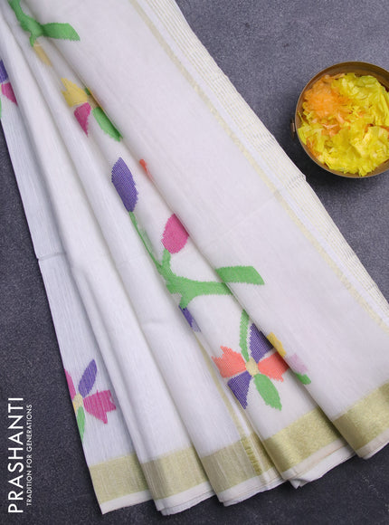 Jamdhani silk cotton saree off white with thread woven floral buttas and zari woven border