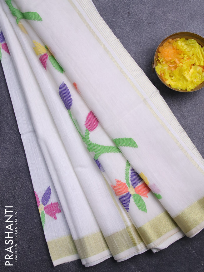 Jamdhani silk cotton saree off white with thread woven floral buttas and zari woven border