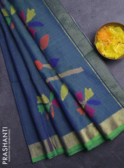 Jamdhani silk cotton saree dual shade of bluish green with thread woven floral buttas and zari woven border