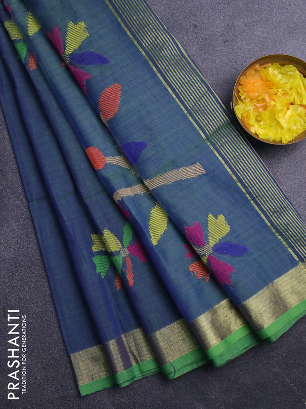 Jamdhani silk cotton saree dual shade of bluish green with thread woven floral buttas and zari woven border