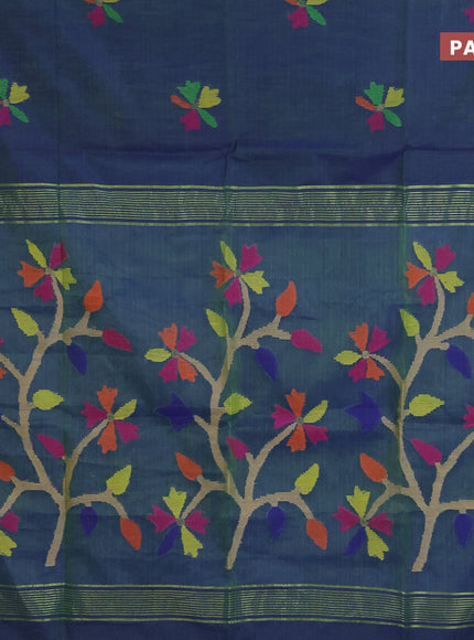 Jamdhani silk cotton saree dual shade of bluish green with thread woven floral buttas and zari woven border