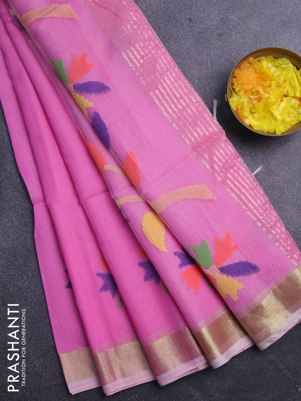 Jamdhani silk cotton saree light pink with thread woven floral buttas and zari woven border