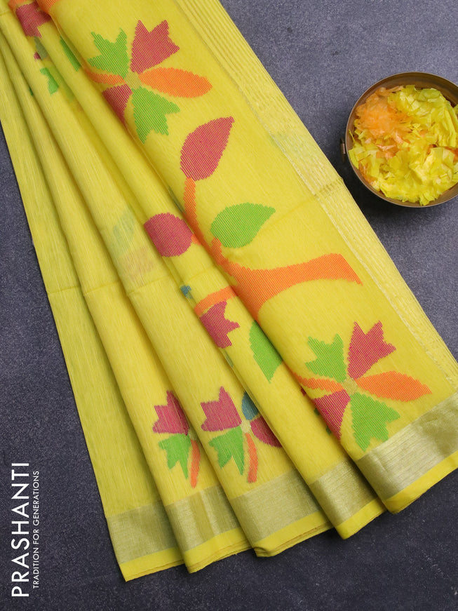 Jamdhani silk cotton saree yellow with thread woven floral buttas and zari woven border