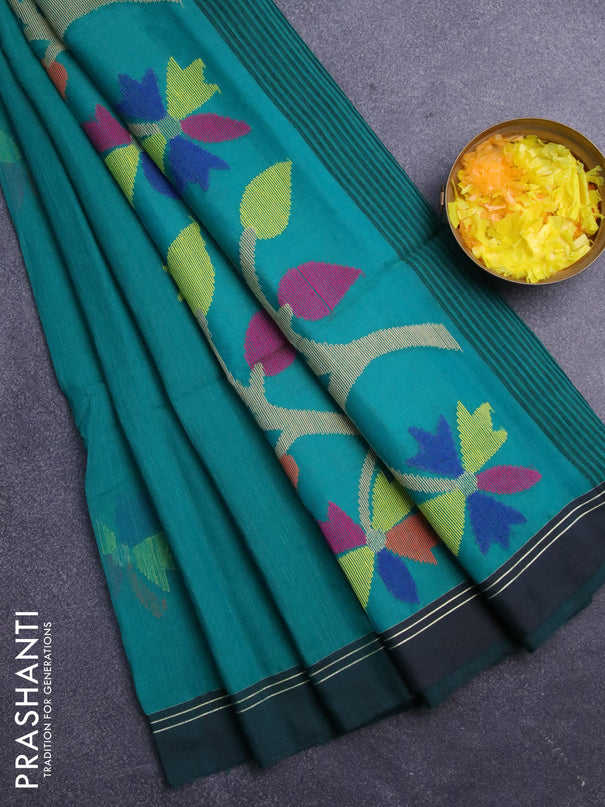 Jamdhani silk cotton saree green with thread woven floral buttas and zari woven border