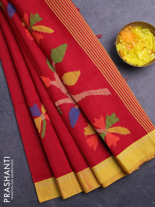 Jamdhani silk cotton saree red with thread woven floral buttas and zari woven border