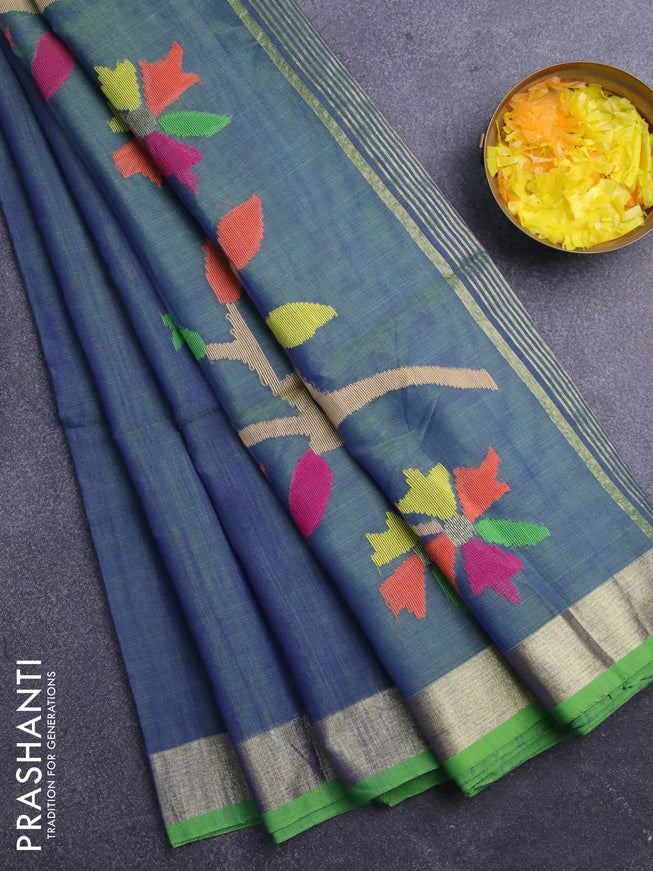 Jamdhani silk cotton saree dual shade of bluish green with thread woven floral buttas and zari woven border