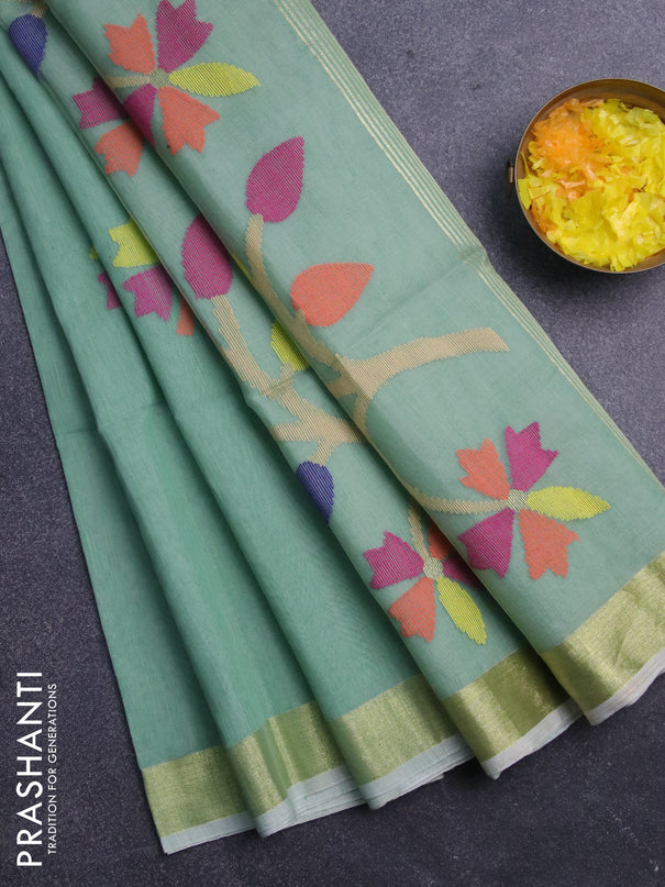 Jamdhani silk cotton saree pastel green with thread woven floral buttas and zari woven border