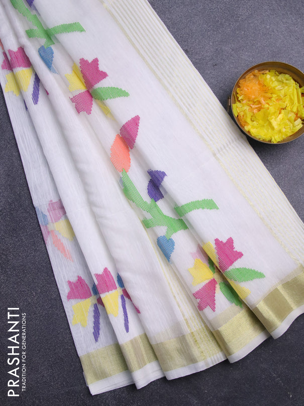 Jamdhani silk cotton saree off white with thread woven floral buttas and zari woven border