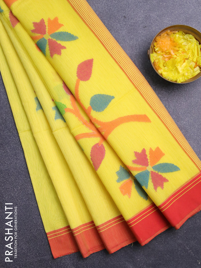 Jamdhani silk cotton saree lime yellow with thread woven floral buttas and zari woven border