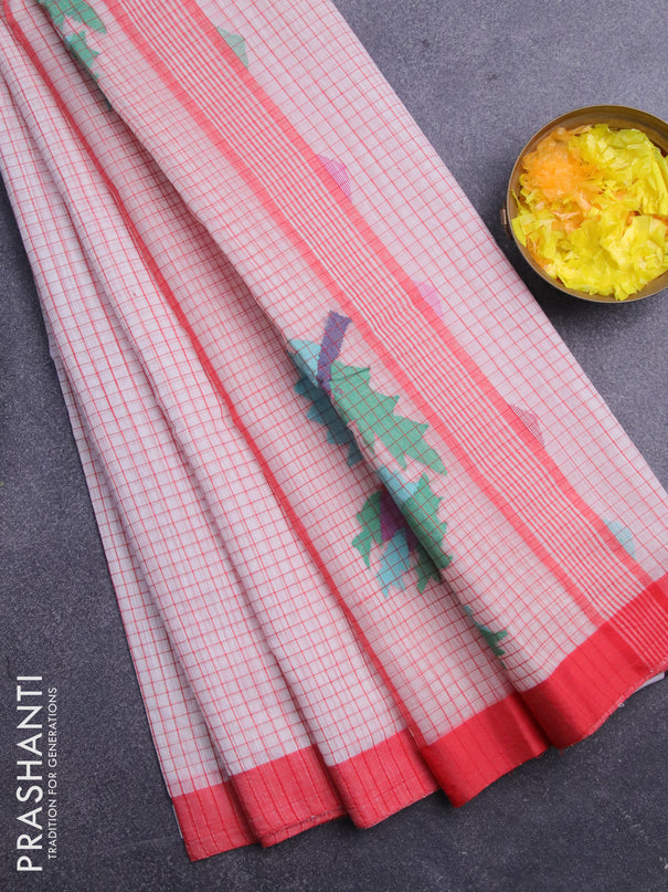 Jamdhani silk cotton saree off white and red with allover checked pattern & thread weaves and simple border