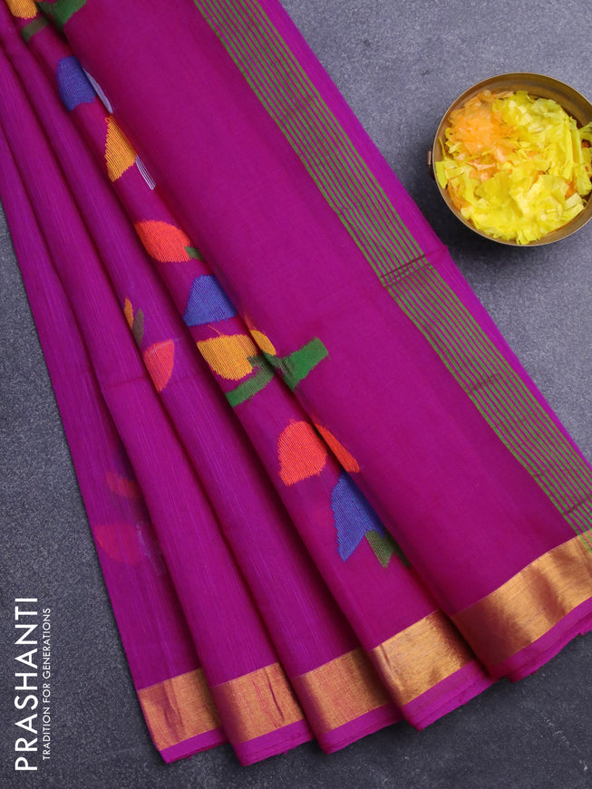 Jamdhani silk cotton saree pink with thread woven floral buttas and zari woven border