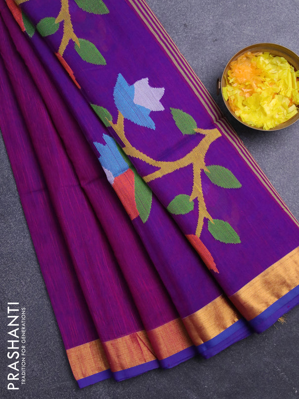 Jamdhani silk cotton saree magenta pink with thread woven floral buttas and zari woven border