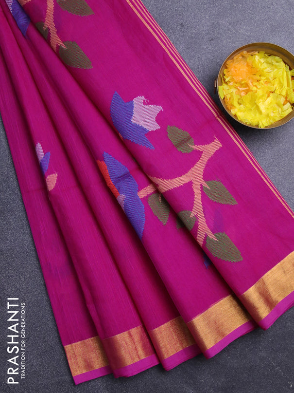 Jamdhani silk cotton saree pink with thread woven floral buttas and zari woven border