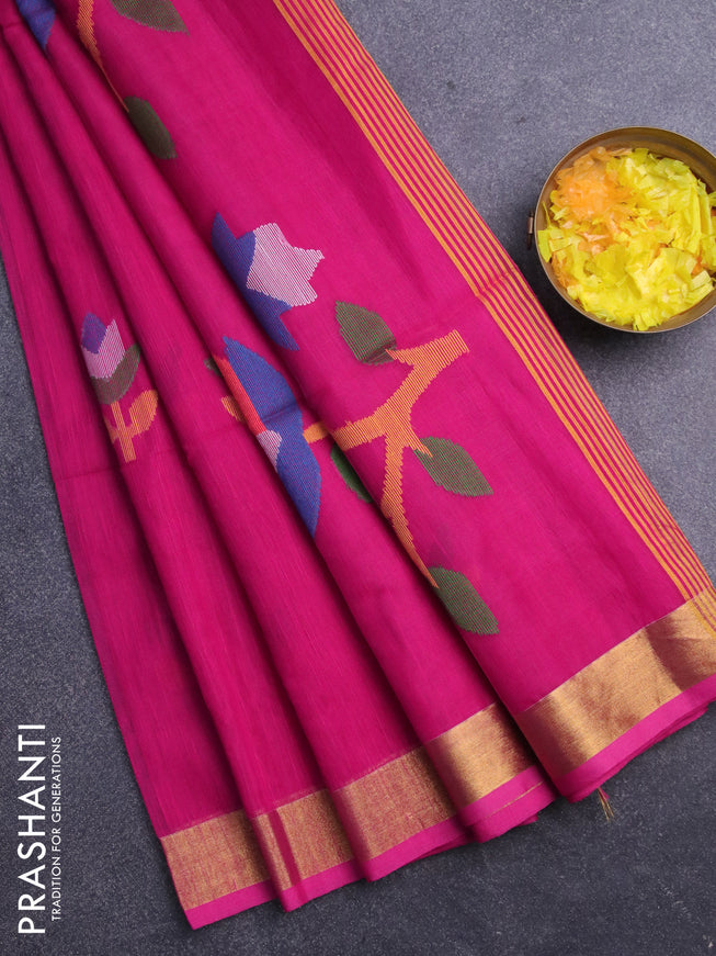 Jamdhani silk cotton saree pink with thread woven floral buttas and zari woven border