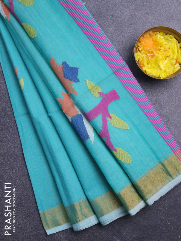 Jamdhani silk cotton saree teal blue with thread woven floral buttas and zari woven border