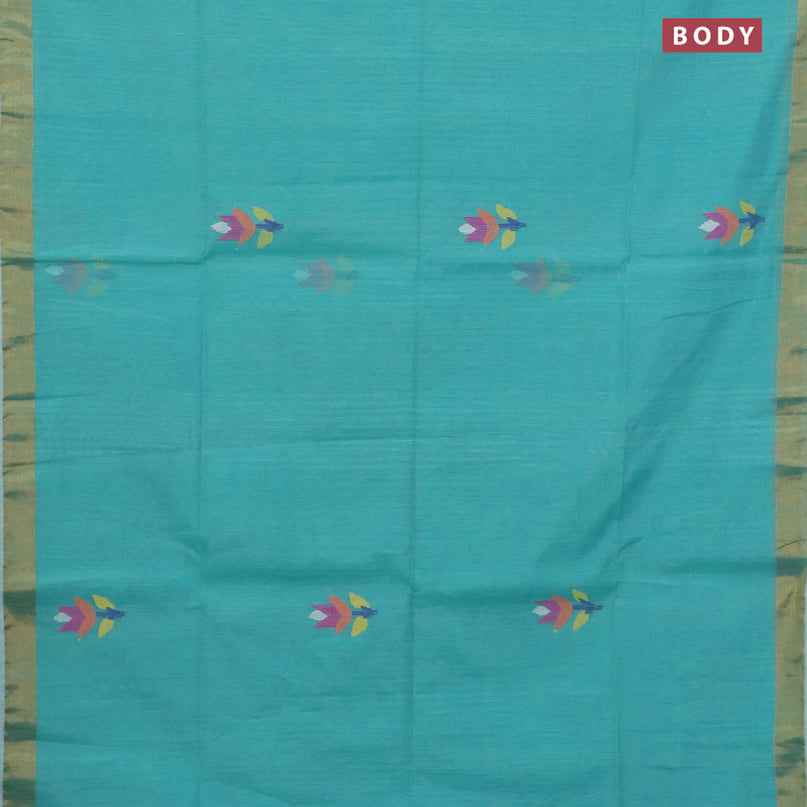 Jamdhani silk cotton saree teal blue with thread woven floral buttas and zari woven border