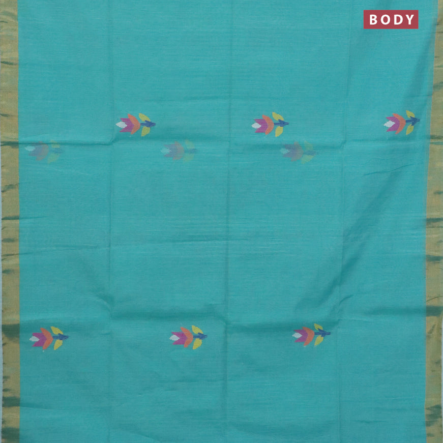 Jamdhani silk cotton saree teal blue with thread woven floral buttas and zari woven border