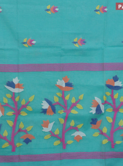 Jamdhani silk cotton saree teal blue with thread woven floral buttas and zari woven border