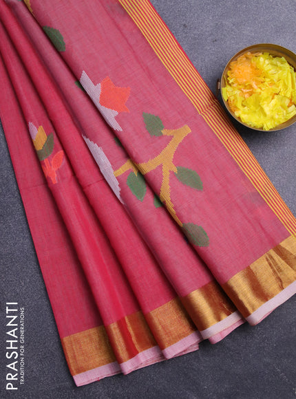 Jamdhani silk cotton saree red shade with thread woven floral buttas and zari woven border