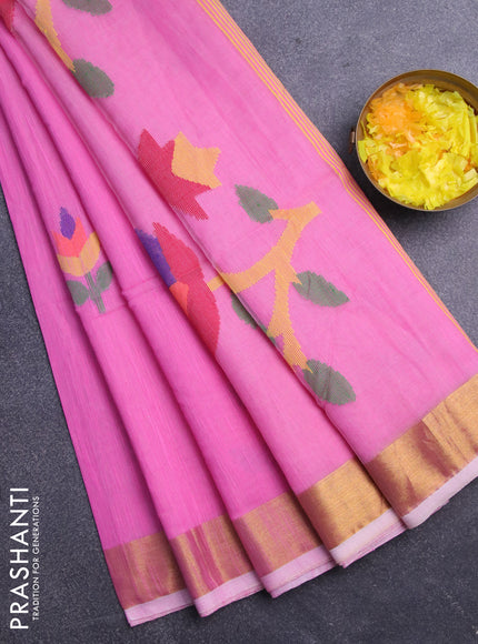 Jamdhani silk cotton saree light pink with thread woven floral buttas and zari woven border