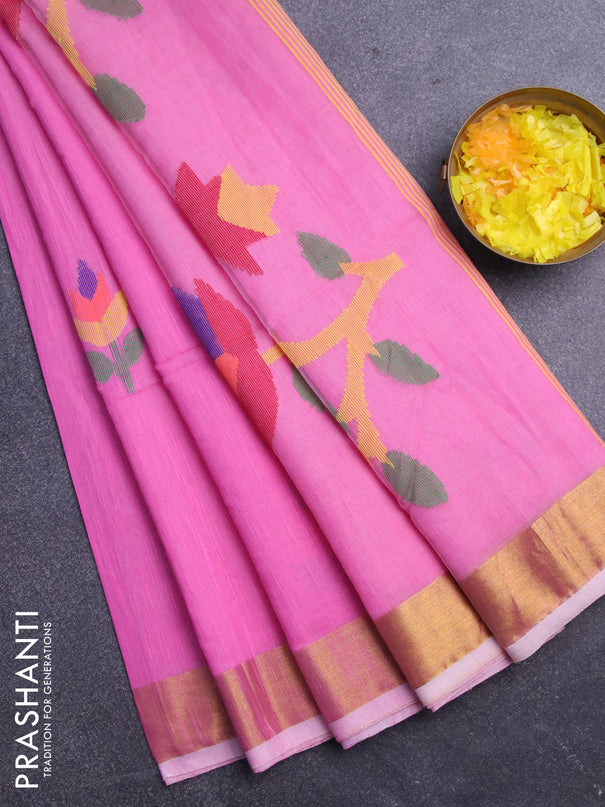 Jamdhani silk cotton saree light pink with thread woven floral buttas and zari woven border