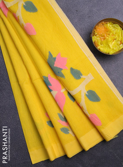 Jamdhani silk cotton saree yellow with thread woven floral buttas and zari woven border