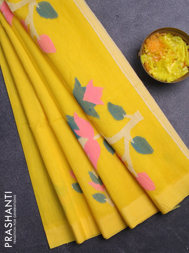 Jamdhani silk cotton saree yellow with thread woven floral buttas and zari woven border