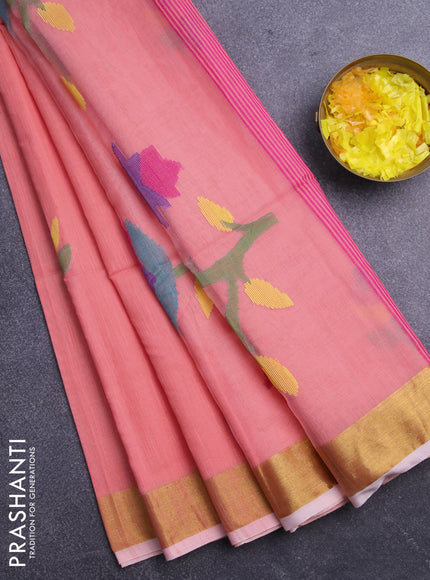 Jamdhani silk cotton saree peach shade with thread woven floral buttas and zari woven border