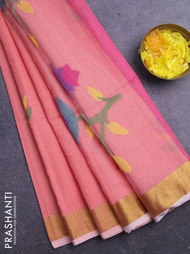 Jamdhani silk cotton saree peach shade with thread woven floral buttas and zari woven border