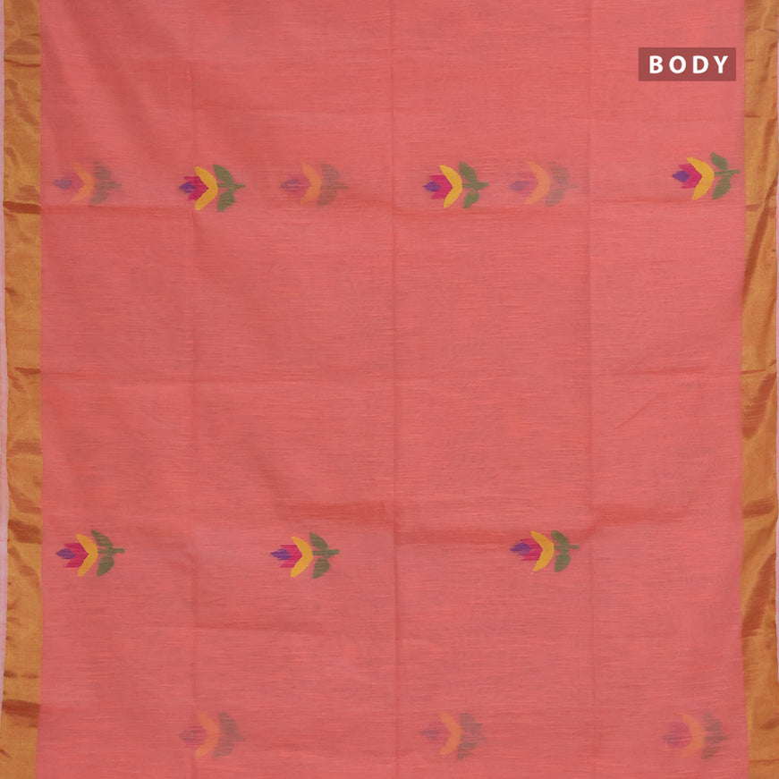 Jamdhani silk cotton saree peach shade with thread woven floral buttas and zari woven border