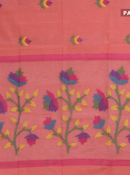 Jamdhani silk cotton saree peach shade with thread woven floral buttas and zari woven border