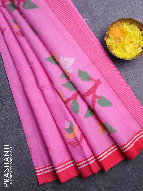 Jamdhani silk cotton saree light pink and red with thread woven floral buttas and simple border