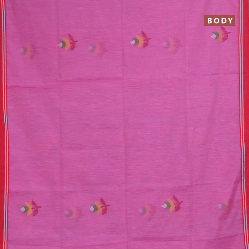 Jamdhani silk cotton saree light pink and red with thread woven floral buttas and simple border