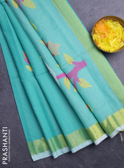 Jamdhani silk cotton saree teal blue with thread woven floral buttas and zari woven border