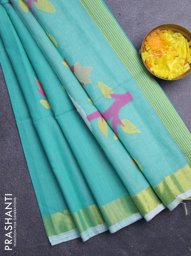 Jamdhani silk cotton saree teal blue with thread woven floral buttas and zari woven border