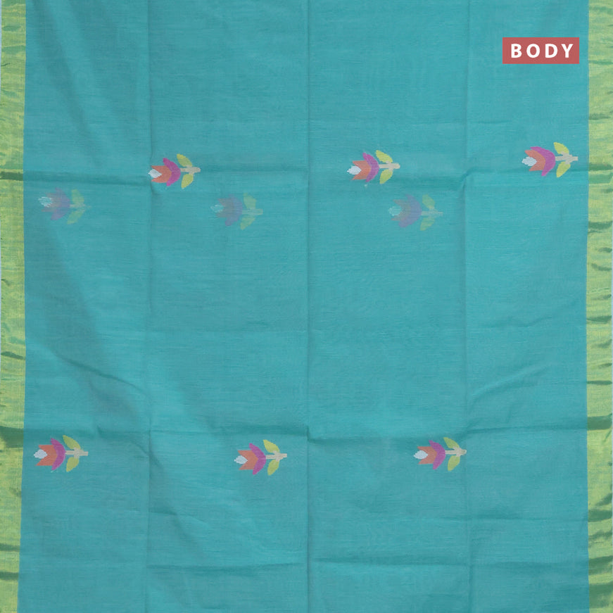 Jamdhani silk cotton saree teal blue with thread woven floral buttas and zari woven border