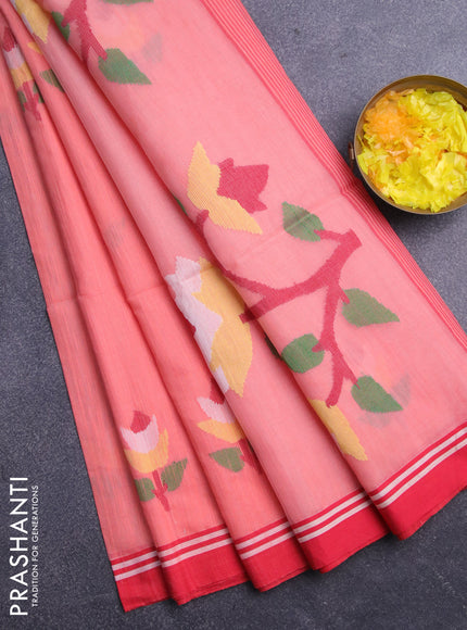 Jamdhani silk cotton saree peach shade with thread woven floral buttas and simple border