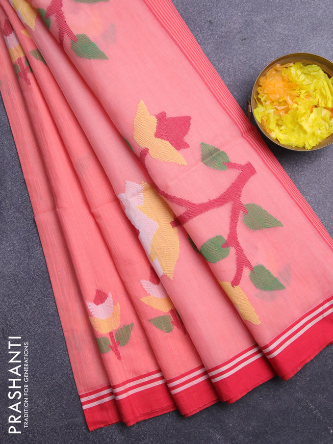 Jamdhani silk cotton saree peach shade with thread woven floral buttas and simple border