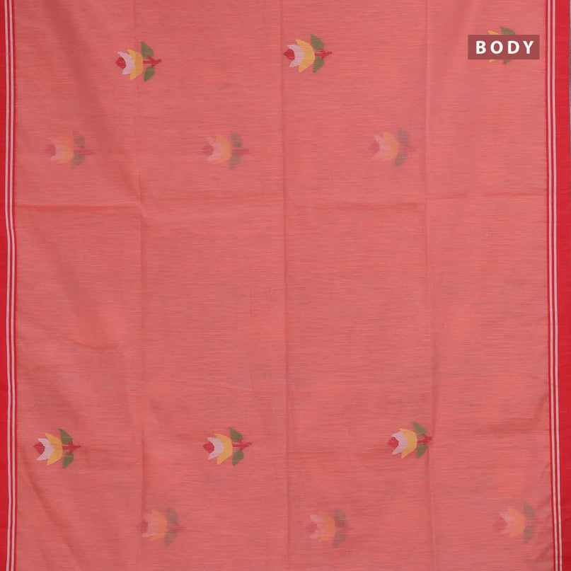 Jamdhani silk cotton saree peach shade with thread woven floral buttas and simple border