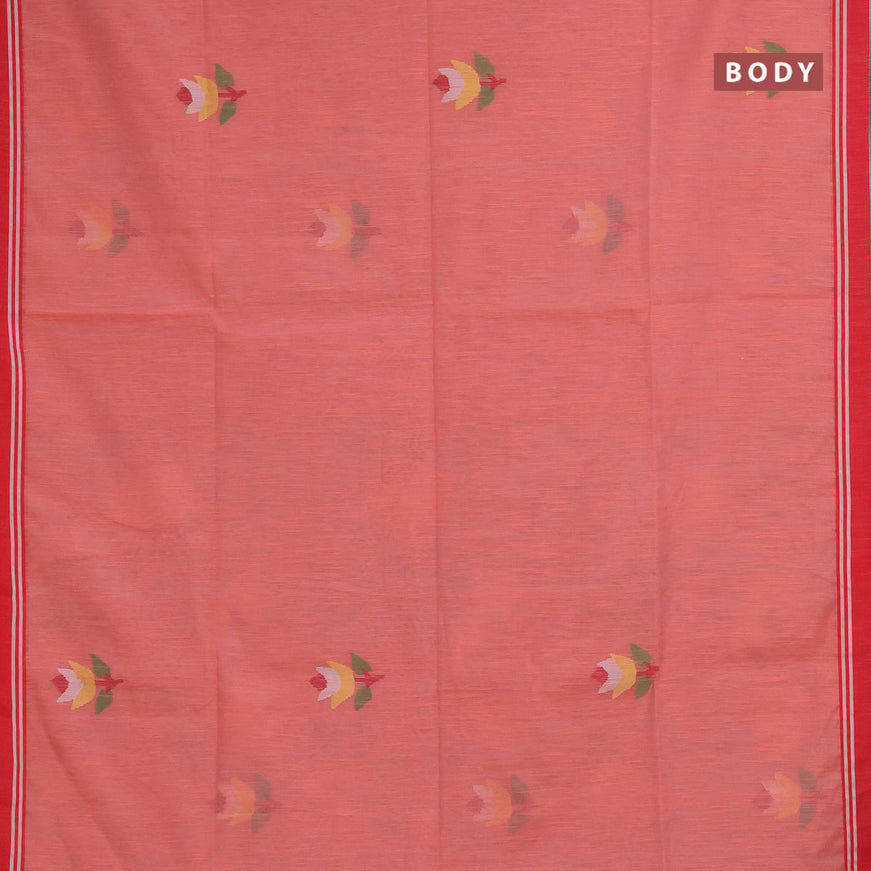 Jamdhani silk cotton saree peach shade with thread woven floral buttas and simple border