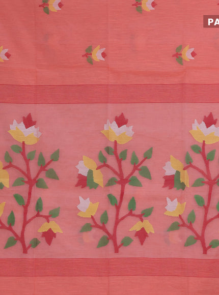 Jamdhani silk cotton saree peach shade with thread woven floral buttas and simple border