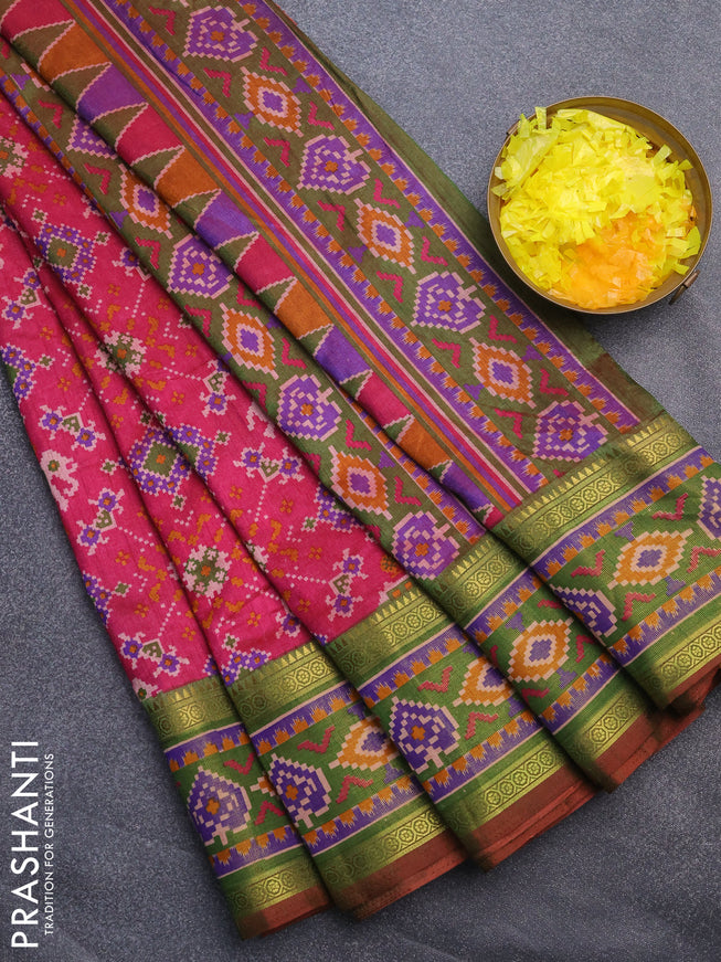 Semi tussar saree pink and dual shade of green with allover ikat prints and ikat woven zari border