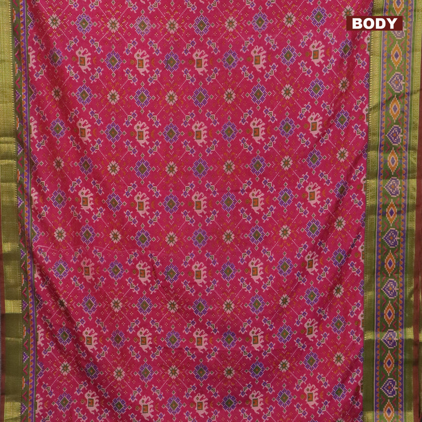 Semi tussar saree pink and dual shade of green with allover ikat prints and ikat woven zari border