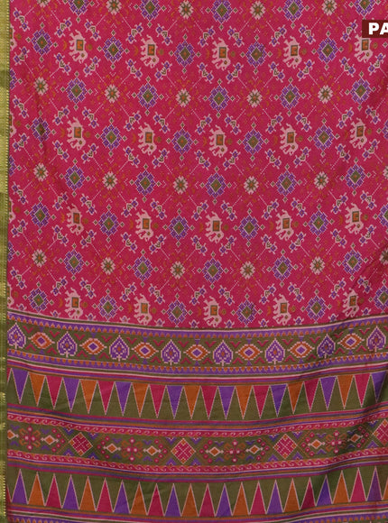 Semi tussar saree pink and dual shade of green with allover ikat prints and ikat woven zari border