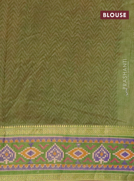 Semi tussar saree pink and dual shade of green with allover ikat prints and ikat woven zari border